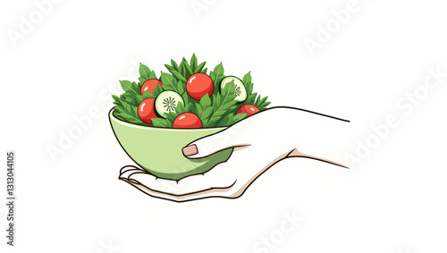 A hand offering a fresh salad filled with vegetables, ideal for healthy eating, nutrition, and lifestyle designs.