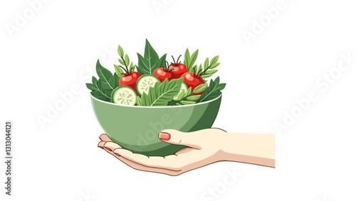 A hand holding a fresh salad filled with cucumbers and tomatoes, ideal for healthy eating, nutrition, and wellness designs.