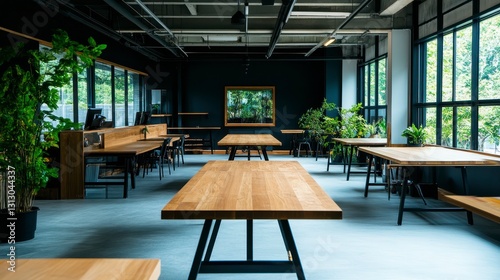 Fototapeta Naklejka Na Ścianę i Meble -  Modern co-working space featuring spacious wooden tables and abundant greenery in an innovative, bright atmosphere