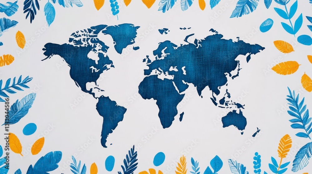 Naklejka premium Colorful world map illustration framed by vibrant leaves and foliage, capturing a global theme with a cheerful ambiance