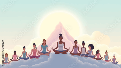 A serene illustration of diverse women meditating in a peaceful cloud setting at sunrise, emphasizing mindfulness, spiritual connection, and inner tranquility.