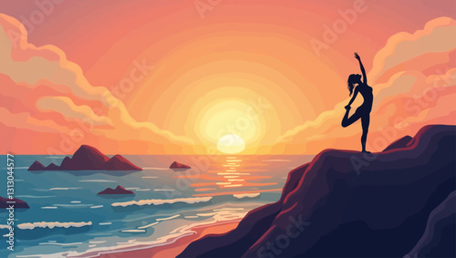 A powerful image of a person practicing yoga in a graceful pose on a rocky shore at sunset, symbolizing strength, balance, and harmony with nature.