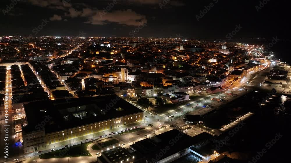 Night Scape Of Lisbon Skyline At Lisbon In District Of Lisbon Portugal. Illuminated City. Beautiful Cityscape. Lisbon Skyline At Portugal. Night City Landscape. Illuminated City.