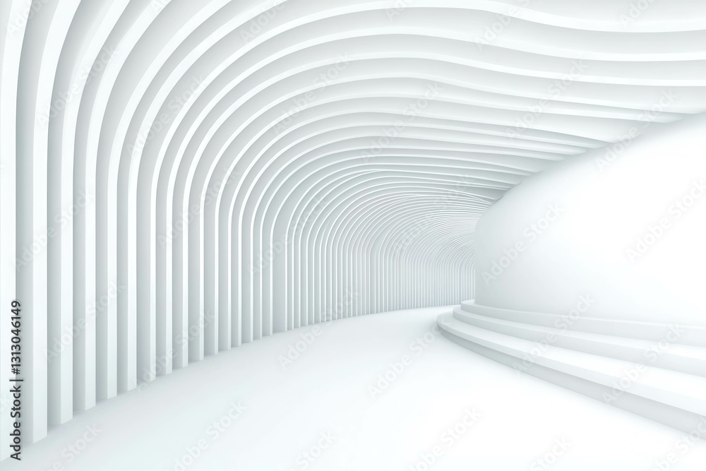 Naklejka premium Modern White Curved Interior with Smooth Lines and Wave Patterns in Contemporary Architecture