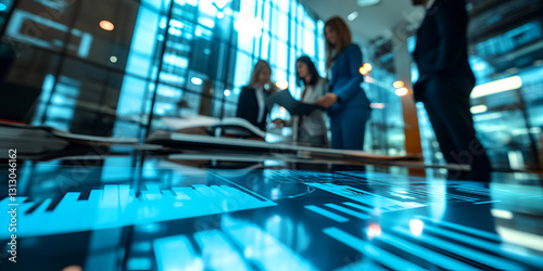 Business team working together on digital table | Group discussing financial charts and data analysis
