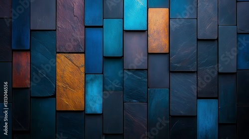 Abstract wall art composed of various slate tiles in shades of blue  gray  and a hint of orange reflecting modern design aesthetics.