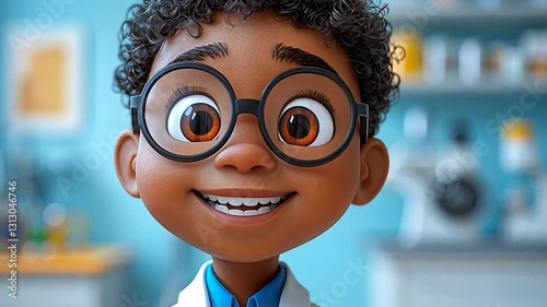 Cartoon boy in lab coat, smiling, science classroom background, educational use