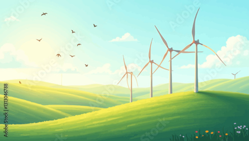 A vibrant landscape with wind turbines on rolling hills, symbolizing renewable energy, sustainability, and a harmonious blend of technology and nature.