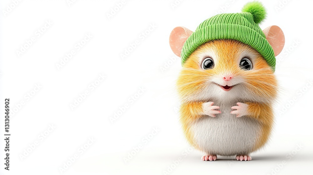 A cute 3D hamster standing on two legs, wearing a tiny hat, creating a fun and animated expression, against white. A cute 3D hamster standing on two legs, wearing a tiny hat, creating a fun and animated expression, against white.