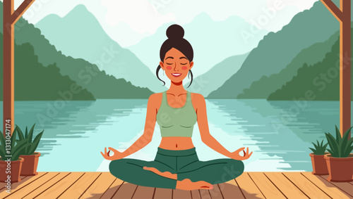 A woman meditating on a wooden deck by a tranquil lake, surrounded by mountains, symbolizing inner peace, mindfulness, and a deep connection to nature.
