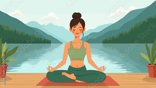 A woman meditating on a wooden dock by a serene lake with mountains in the background, representing inner peace, mindfulness, and a strong connection to nature.