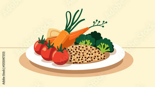 A detailed illustration of a vegan plate, showcasing healthy vegetables like carrots, tomatoes, and broccoli, perfect for plant-based meal promotion.