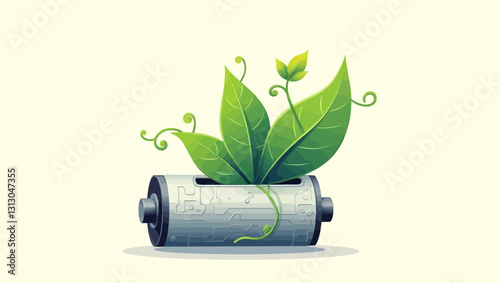 A plant sprouting from a battery, symbolizing sustainability and eco-friendly energy solutions in a creative and modern design.