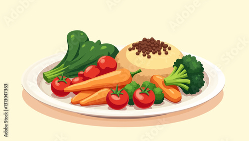 A plate of healthy vegan food, featuring vegetables and grains, perfect for promoting plant-based diets and nutritious eating.