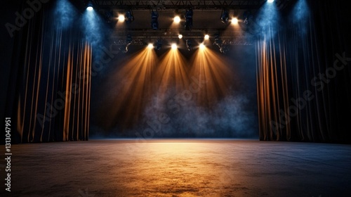 A stage with a bright spotlight cast over the area surrounded by empty curtains creating a dramatic performance environment