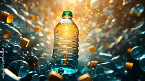 Plastic bottle surrounded by plastic waste, environmental problem, dramatic lighting