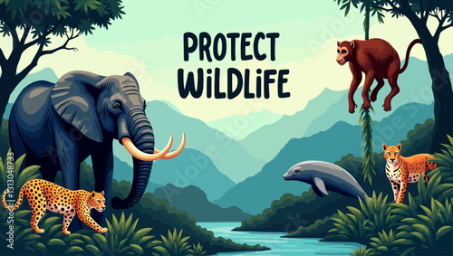 Protect Wildlife: An inspiring call to action showcases a diverse array of endangered animals in their natural habitats. Illustrated scenery.