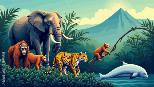 Animal Kingdom: A vibrant illustration depicts an elephant, leopard, orangutan, monkey, and dolphin coexisting harmoniously in a lush, thriving environment.