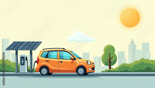 An electric car charging at a solar-powered station with a sunny background. A symbol of sustainable transportation and eco-friendly technology.