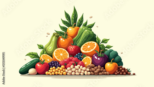 A vibrant pile of fresh fruits including oranges, apples, grapes, and vegetables. A healthy and nutritious food concept for wellness and balanced diet.