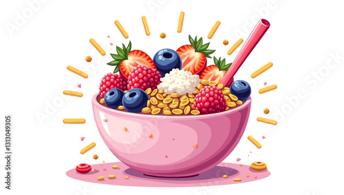 A colorful fruit and yogurt bowl with granola and fresh berries, perfect for a healthy start to the day or as a nutritious snack.