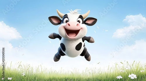 Wallpaper Mural A fun and energetic cow cartoon, captured mid-leap with a bright, cheerful design. The smooth, detailed perfection of the lines enhances its playful movement. Torontodigital.ca