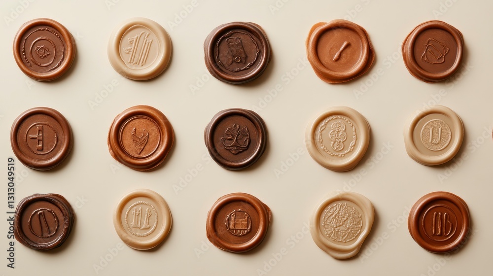 Delicately arranged assorted wax seals showcasing intricate designs and rich colors create a unique and inviting tactile experience.