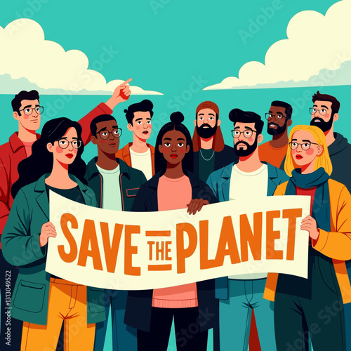 A group of diverse activists holding a "Save the Planet" banner, committed to environmental protection and raising awareness for climate change action.