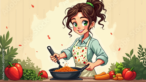 A young woman preparing a healthy meal in the kitchen, stirring ingredients in a pan with fresh vegetables surrounding her.