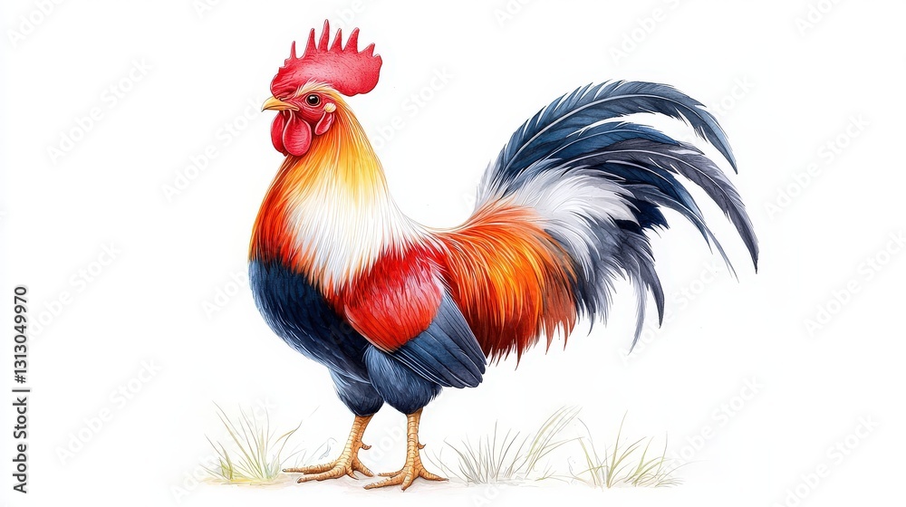 Fototapeta premium A graceful, hand-drawn rooster standing tall, its feathers flowing in smooth, defined strokes. The professional, detailed illustration is isolated with full depth of field.