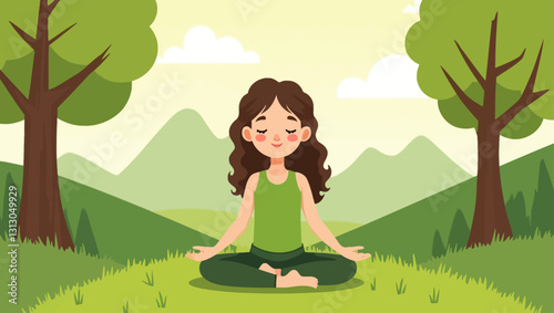A young girl sitting cross-legged and practicing meditation in a natural setting. A calming moment for mindfulness and inner peace.