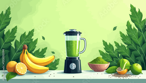A black blender with green smoothie and ingredients like bananas, limes, and green powder surrounded by large green leaves.