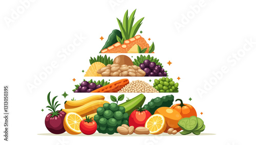 A colorful food pyramid made of various fruits and vegetables like carrots, grapes, bananas, cucumbers, and oranges stacked in layers for a balanced diet representation.