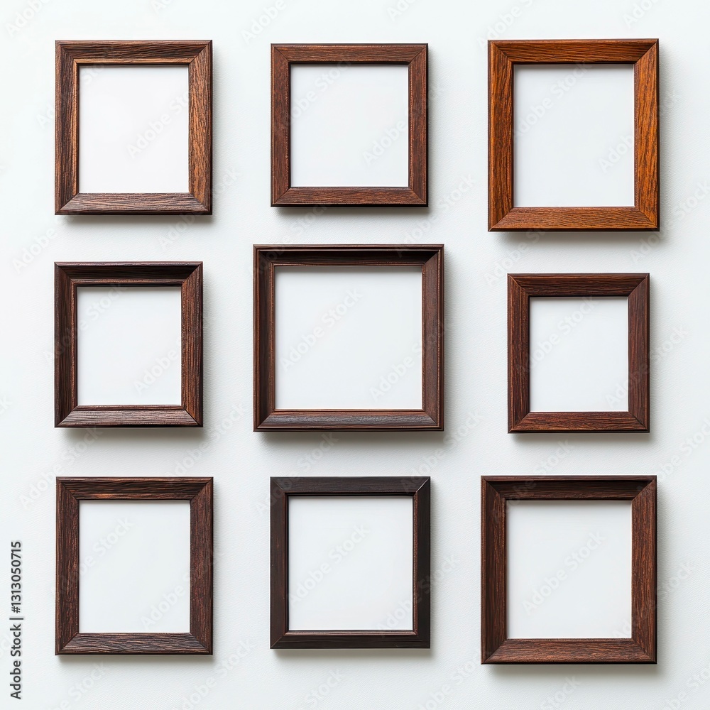 A versatile arrangement of nine empty wooden photo frames on a light background, ready for personalizing with cherished memories. A versatile arrangement of nine empty wooden photo frames on a light background, ready for personalizing with cherished memories.