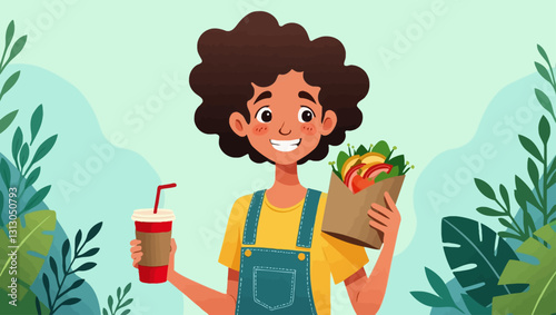 A young person holding a drink and a paper bag filled with fresh food, representing a healthy lifestyle and conscious food choices.