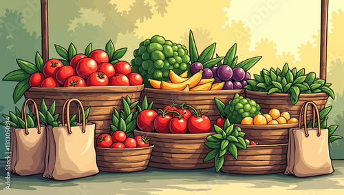 A display of colorful fruits and vegetables at a market stall, symbolizing fresh and healthy food choices for a balanced diet.