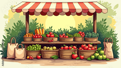 A bustling farmers' market display with a variety of fresh vegetables, fruits, and groceries in baskets, showcasing healthy, sustainable eating.