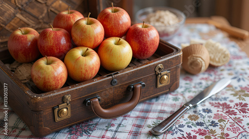 Apples on wattled suitcase with checkered table cloth and fork and a knife in the background