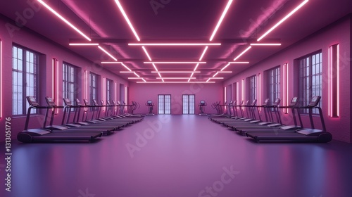 Modern gym interior with treadmills and neon lights. Fitness center with exercise equipment. Concept of health  exercise  and wellness.