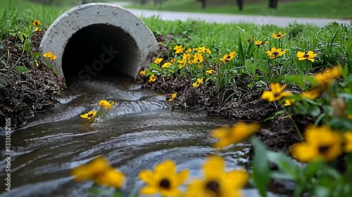 Concrete pipe culvert with flowing water and wildflowers