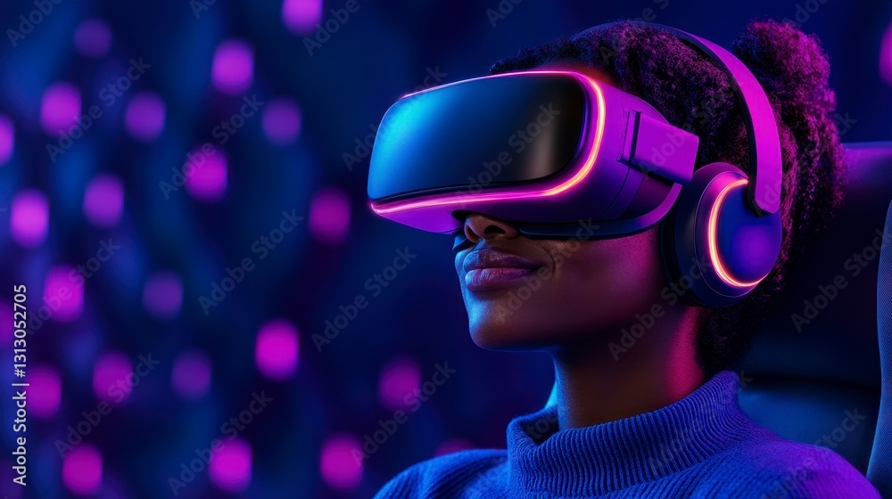 Young woman experiencing virtual reality with advanced headset and headphones in a vibrant, neon-lit environment