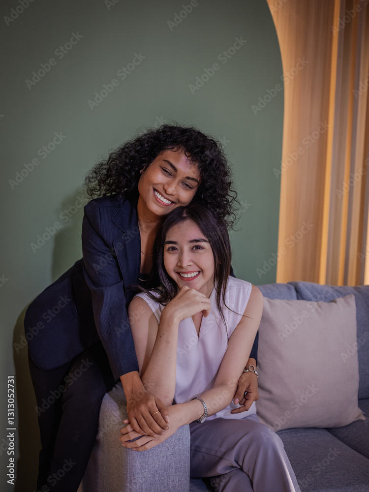 Two cheerful young women with curly hair embracing and smiling while relaxing together on a comfortable couch in a cozy indoor setting, conveying a sense of closeness, harmony,