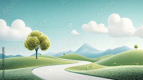 A minimalist 3D drawing of a road cutting through an open field, with smooth lines and intricate details showing grass, trees, and distant mountains.
