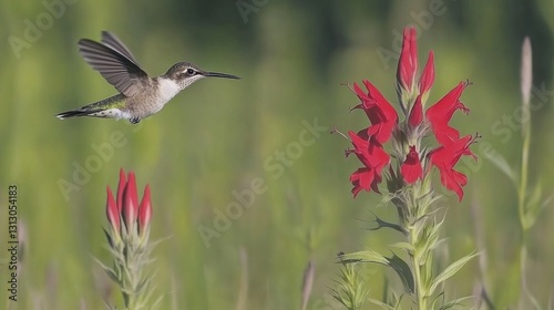 Hummingbird flies towards red flower in sunny meadow