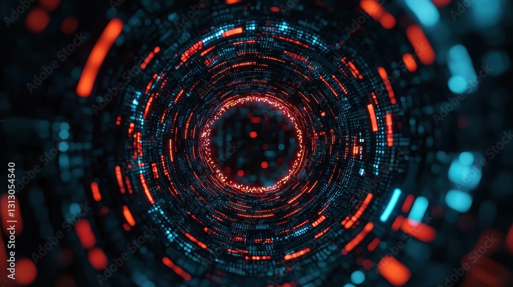 Obraz premium Abstract technology background with glowing red and blue lights forming a tunnel. Concept for data, network, and future.