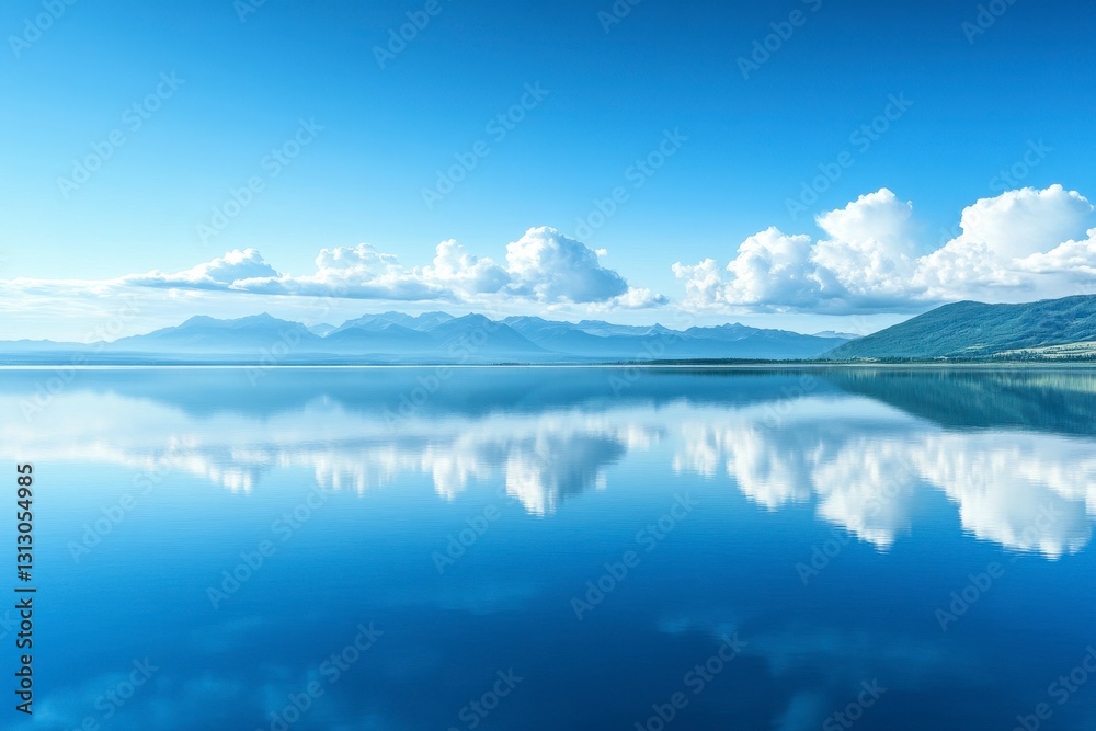 Serene Blue Lake Reflecting Clouds and Mountains Serene Blue Lake Reflecting Clouds and Mountains