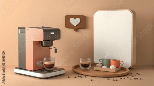 3d illustration of coffee machine with glass clock and mugs, time for coffee banner. Render Illustration.
