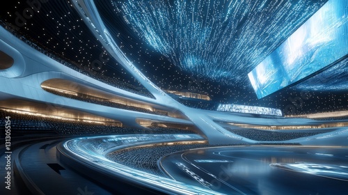 Ultra-modern stadium with futuristic design, large LED screens, and capacity for thousands 