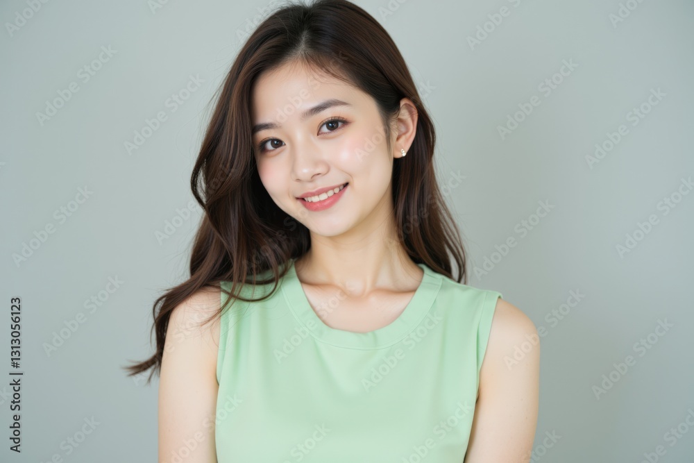 A young East Asian woman in her twenties wearing a light green sleeveless top poses for a portrait against a soft gray background, radiating warmth and confidence. A young East Asian woman in her twenties wearing a light green sleeveless top poses for a portrait against a soft gray background, radiating warmth and confidence.
