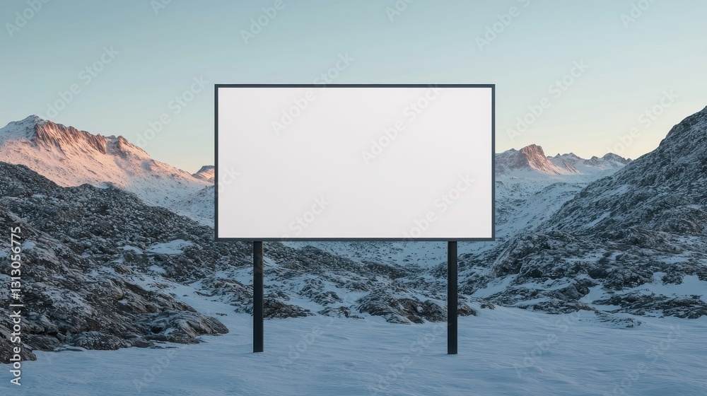 Blank billboard in a snowy mountain landscape. Ideal for advertising or promotional content in a winter setting. Blank billboard in a snowy mountain landscape. Ideal for advertising or promotional content in a winter setting.